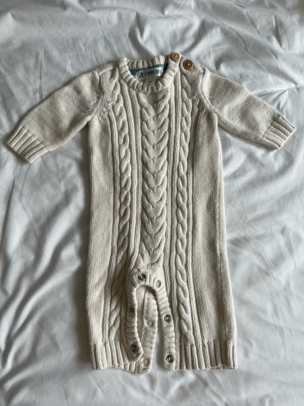 Cherokee Cream Cable Knit Infant Romper with Button Shoulders